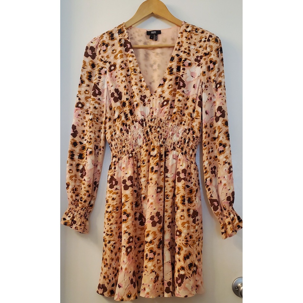 PAIGE Dress S Cheetah Print Blush/Brown/Pink Long Sleeve Gathered Waist Lined - Picture 3 of 10